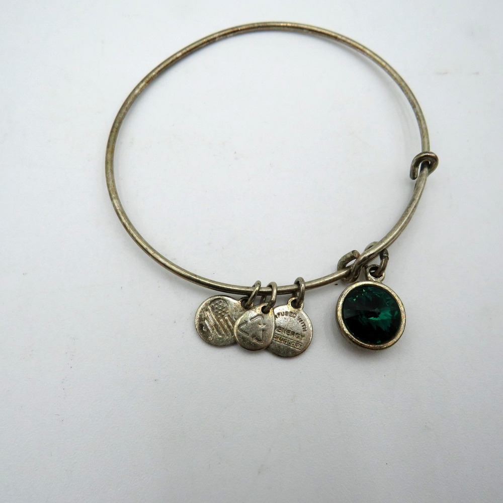 Alex And Ani Bangle Bracelet Rafaelian‎ Silver Green Crystal Charm Adjustable